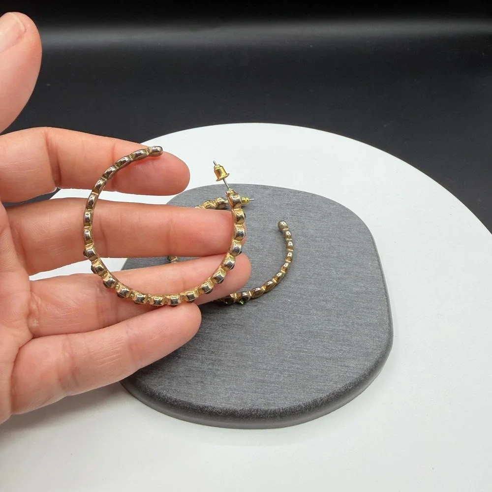 Gold Tone Smoky Gray Rhinestone Large Hoop Earrings Statement Costume Jewelry